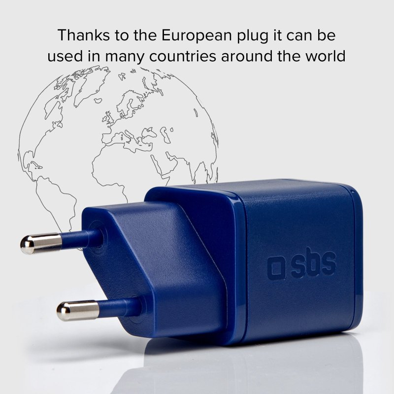 Blauer Netzadapter mit Eurostecker. Weißer Hintergrund mit Weltkartenumriss.