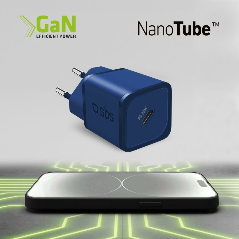 Ein blaues und schwarzes Ladegerät mit einem Telefon darunter. Es ist ein NanoTube PD 20W-Ladegerät.
