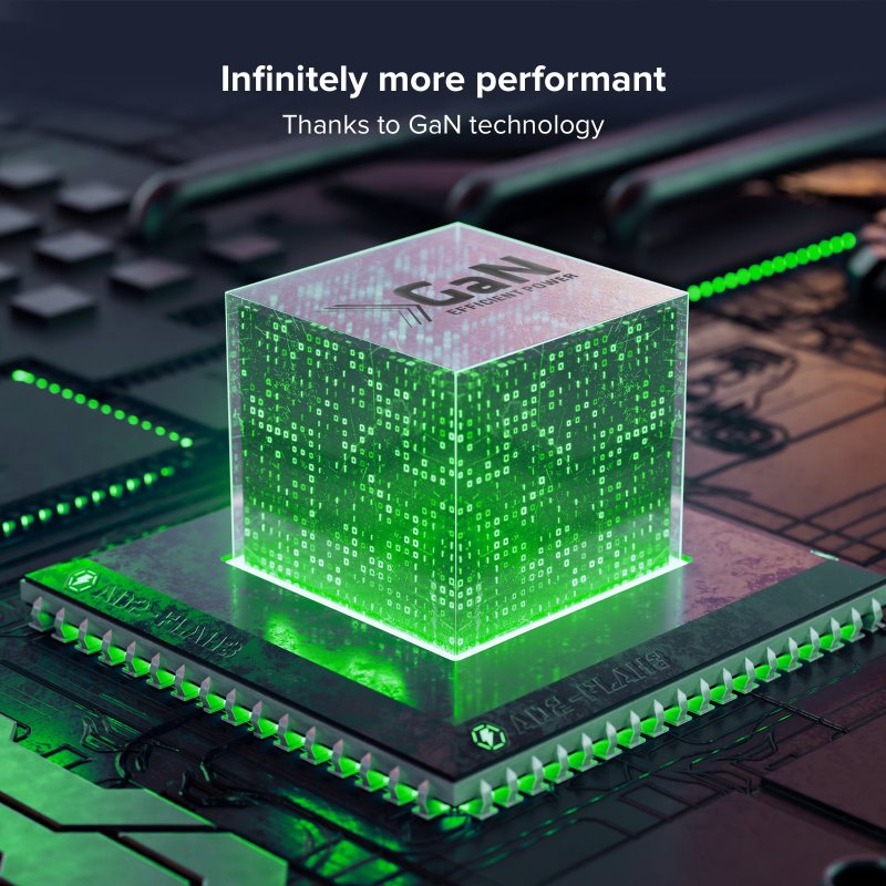 Ein transparenter Würfel mit grünen Datenblöcken auf einem schwarzen Chip. Er sagt 'GaN EFFICIENT POWER'.