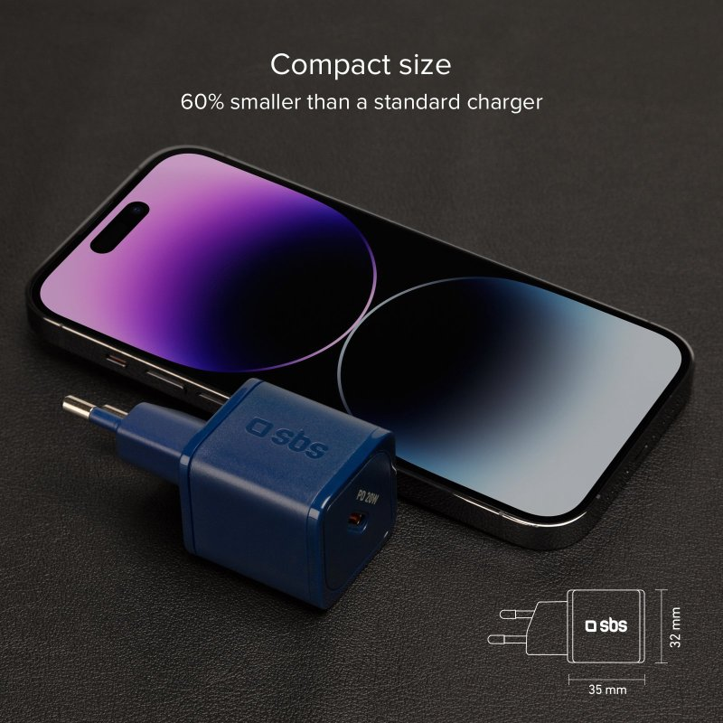Ein blaues Ladegerät mit einem Telefon. Das Ladegerät ist kleiner als ein Standardladegerät, mit einem Diagramm.