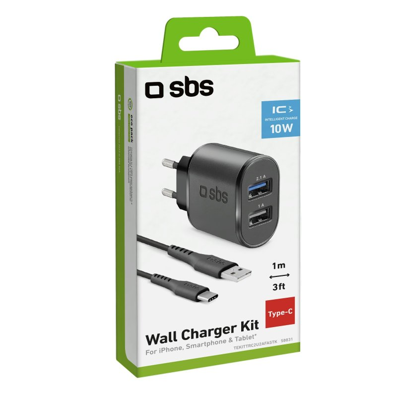 Ein schwarzes SBS-Wandladegerät-Kit mit zwei USB-Anschlüssen und Kabeln.