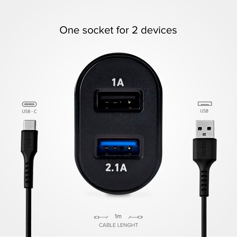 Schwarzes USB-Ladegerät mit USB-C-Kabel und USB-Kabel. Text oben sagt: 'Eine Steckdose für 2 Geräte'.