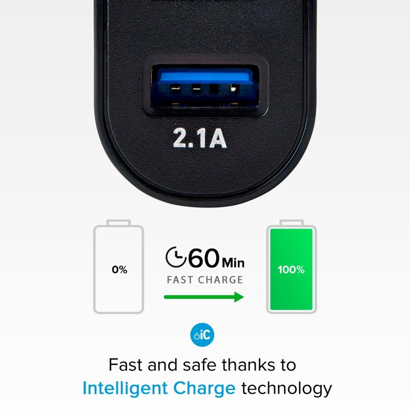Ein schwarzer Ladeadapter mit USB-Anschluss, der 2,1 A anzeigt. Darunter ein Akku-Symbol bei 0% und 100%.