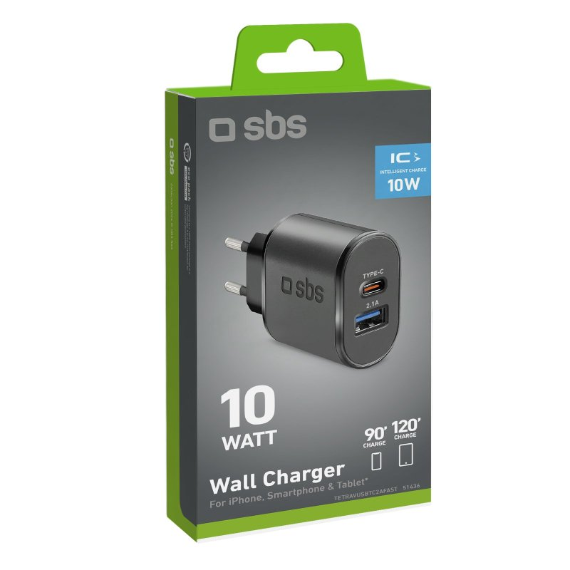 Ein schwarzes 10W SBS-Wandladegerät mit Typ-C-Anschluss und zwei USB-Anschlüssen.