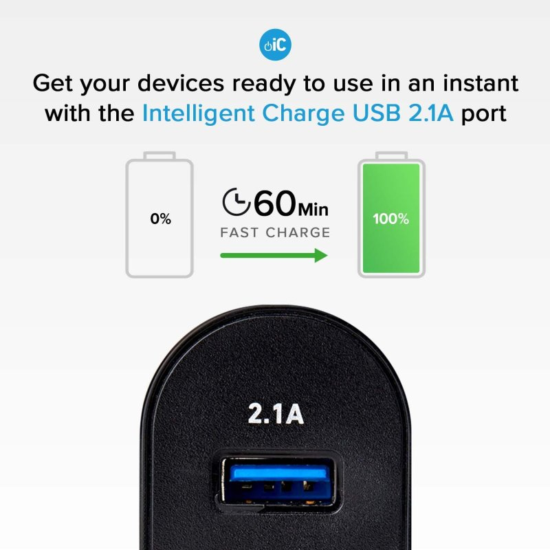 Ein schwarzes USB-Ladegerät mit blauem Anschluss, das das Laden anzeigt.