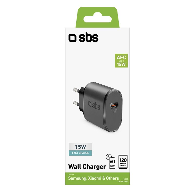 Schwarzes Ladegerät mit Box. Text sagt 'SBS', 'AFC 15W', '15W FAST CHARGE'.