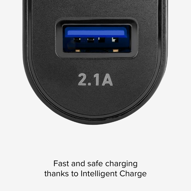 Schwarzes USB-Ladegerät mit blauem Anschluss. Es hat einen 2,1A Ausgang und Text: 'Schnelles und sicheres Laden'.