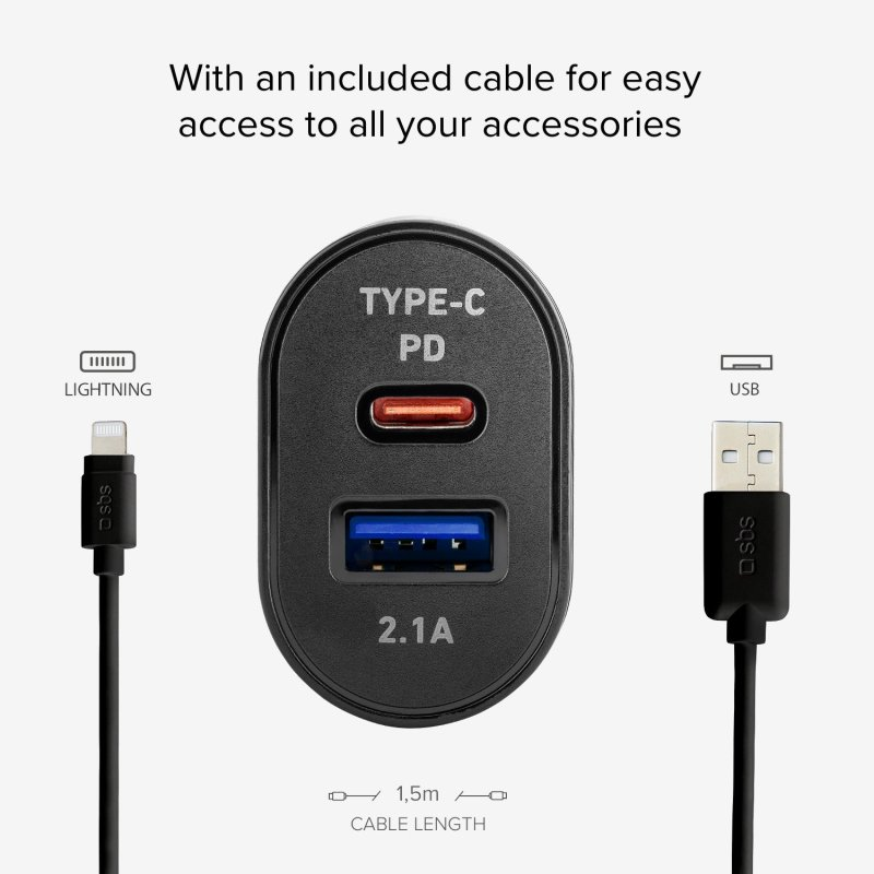 Schwarzes Ladegerät mit USB- und Typ-C-Anschlüssen und Kabeln, Text 'Type-C PD'.