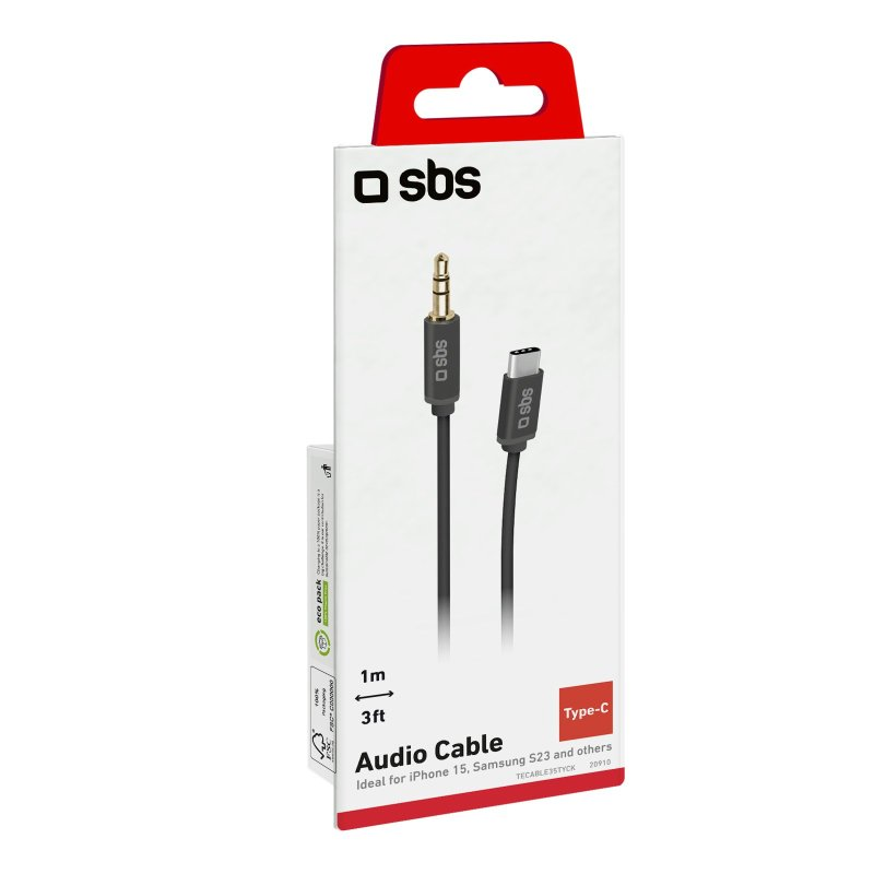 Weißes und schwarzes Audiokabel in einer Box. Das Kabel hat eine 3,5-mm-Klinke und einen USB-C-Anschluss.