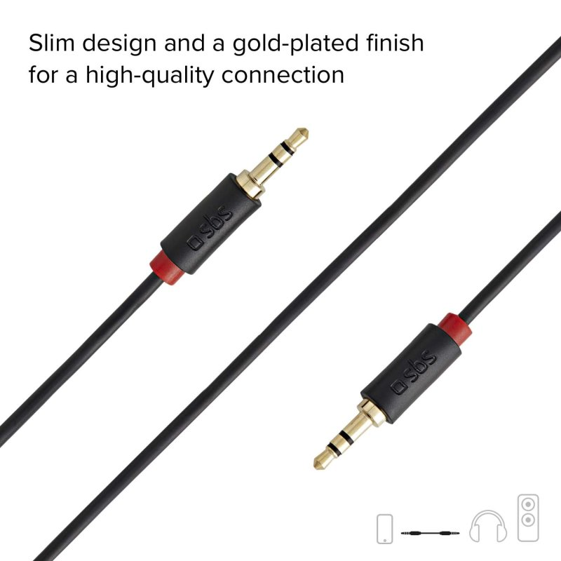 Zwei schwarze Audiokabel mit vergoldeten Steckern und roten Details, mit dem Text 'sbs'.