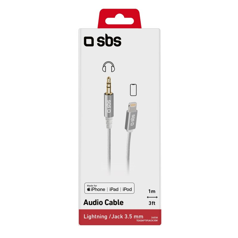 Ein weißes und silbernes Audiokabel für iPhone, iPad und iPod mit Lightning- und 3,5-mm-Buchsen.