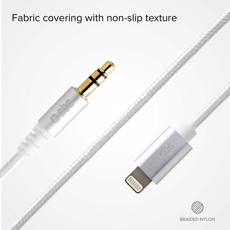Weißes geflochtenes Nylonkabel mit 3,5-mm-Klinke und USB-C-Anschluss. Text: Stoffbezug mit rutschfester Textur.