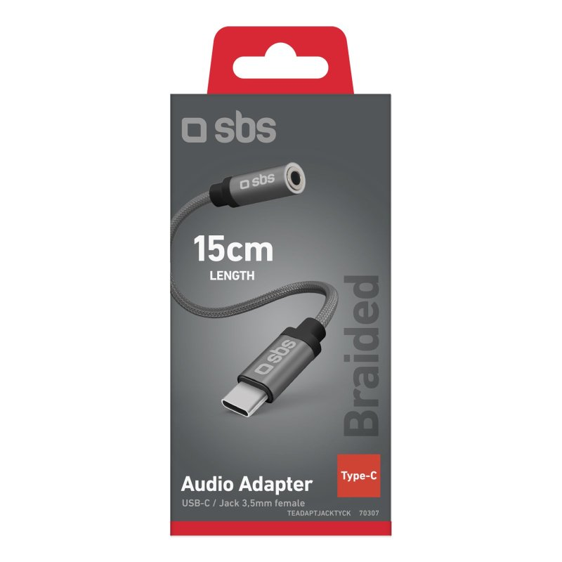 Ein verpackter schwarzer USB-C-Audioadapter, graues Kabel und das Wort "Braided" auf schwarzem Hintergrund.