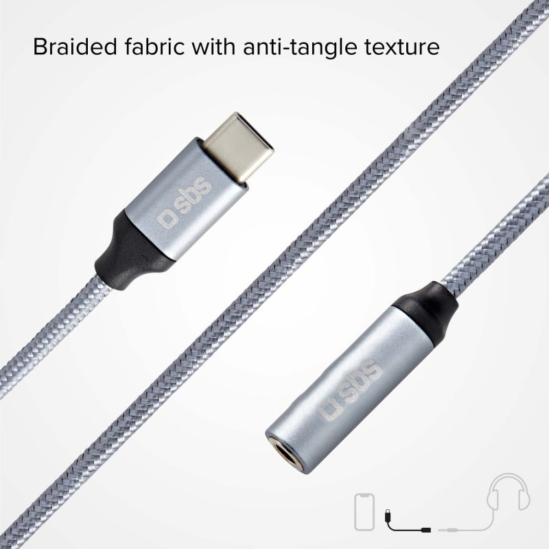 Silbernes USB-C-zu-3,5-mm-Audiokabel mit Anti-Tangle-Textur.