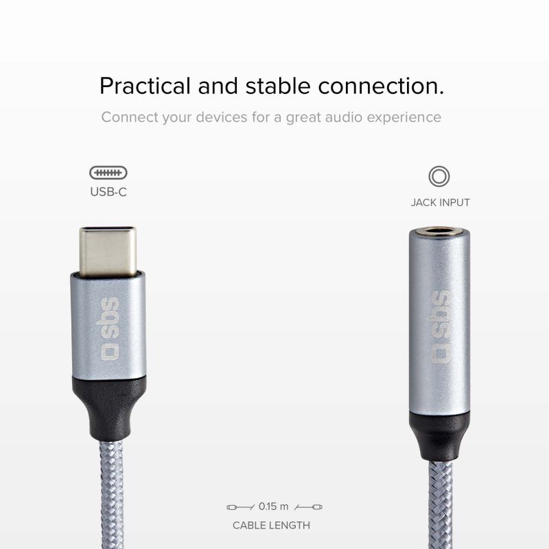 Silberne USB-C- und Klinkeneingangskabel mit Beschriftungen und Text: Praktische Verbindung.