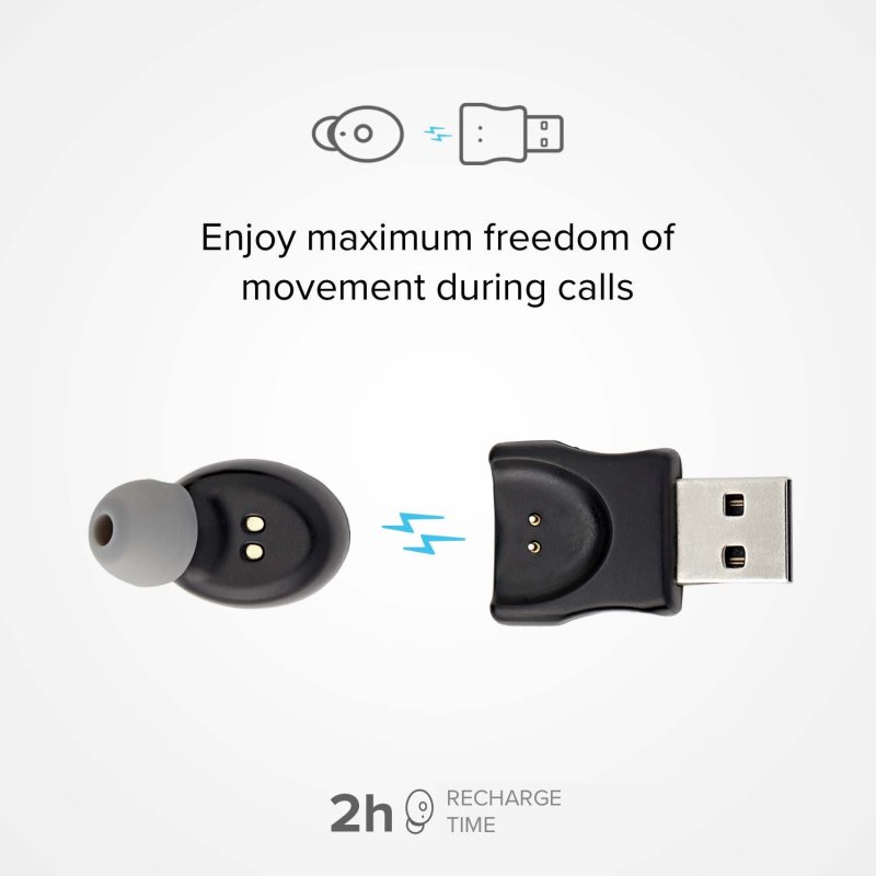 Illustration mit Ohrhörern und USB-Adapter. Text: Genießen Sie maximale Bewegungsfreiheit bei Anrufen.