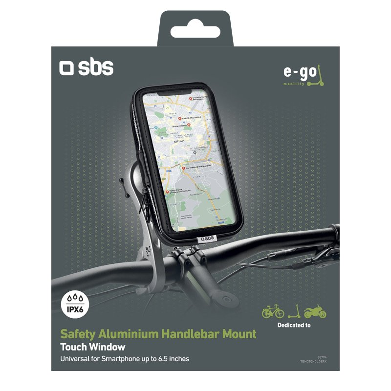 Schwarz-graue Handyhalterung für einen Fahrradlenker, mit einem Telefon darin.