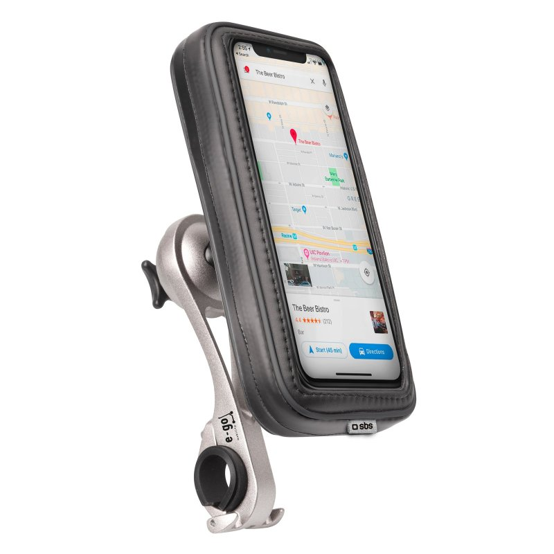 Ein Smartphone, das an einem Fahrradlenker befestigt ist. Das Telefon zeigt eine Karte mit Wegbeschreibungen an.