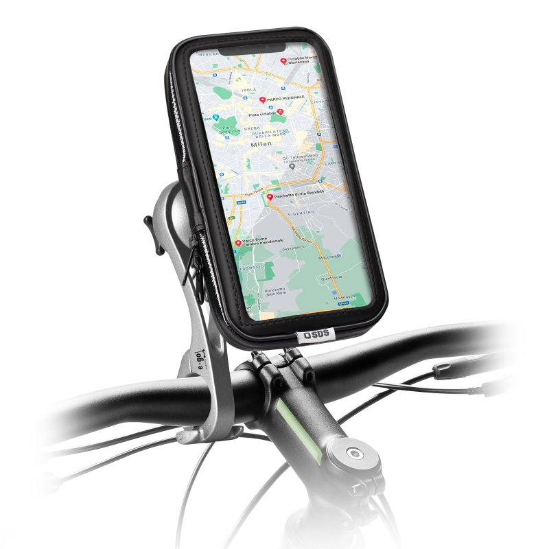 Ein Telefon mit Karte ist an einem Fahrradlenker montiert.