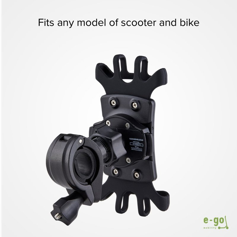 Schwarze Handyhalterung für Roller. Text: Passend für jedes Roller- und Fahrradmodell. Weißer Hintergrund.