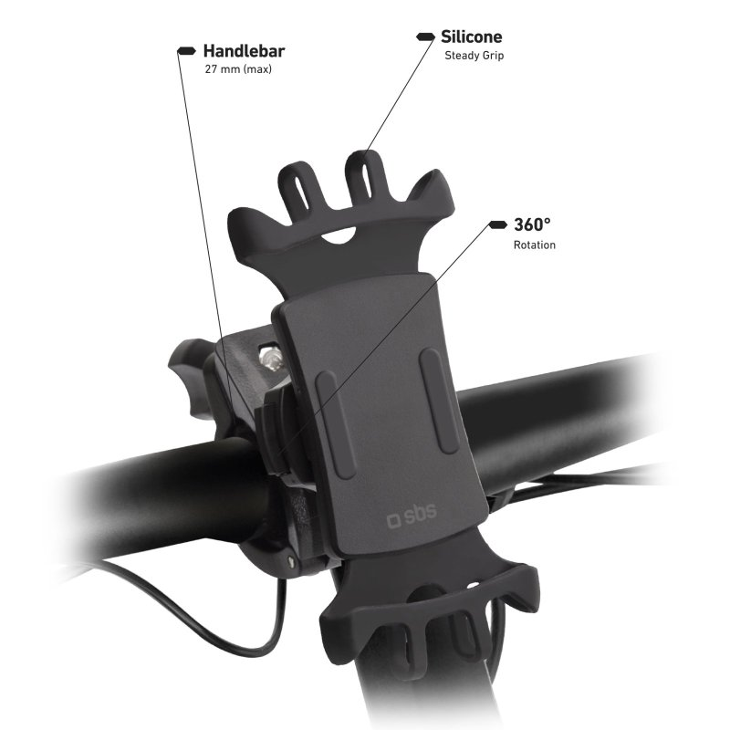 Ein schwarzer Telefonhalter an einem Fahrradlenker. Merkmale sind Silikongriff und Drehung.