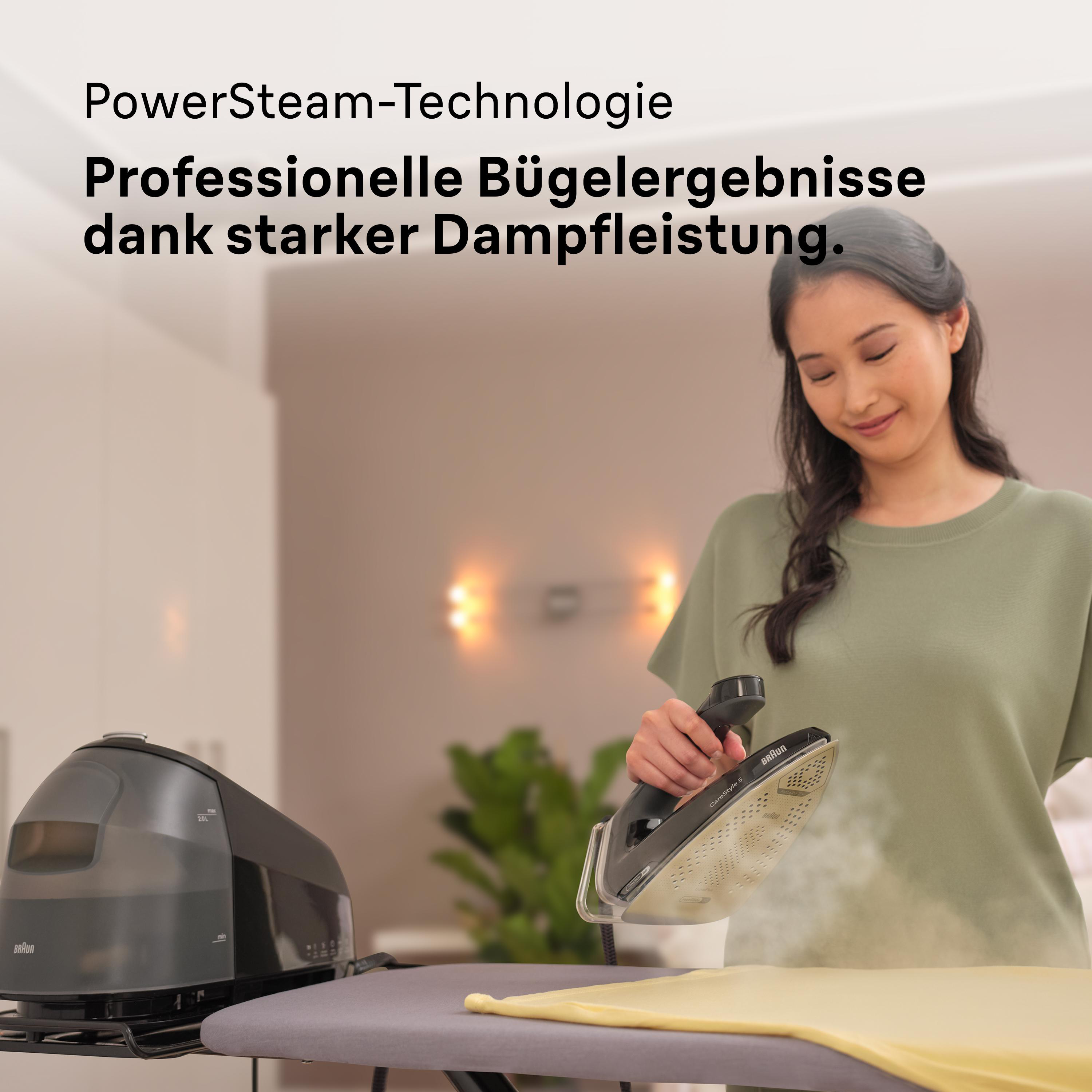 Eine Frau bügelt ein gelbes Tuch mit einem schwarz-grauen Dampfbügeleisen. Es gibt eine Dampfstation.