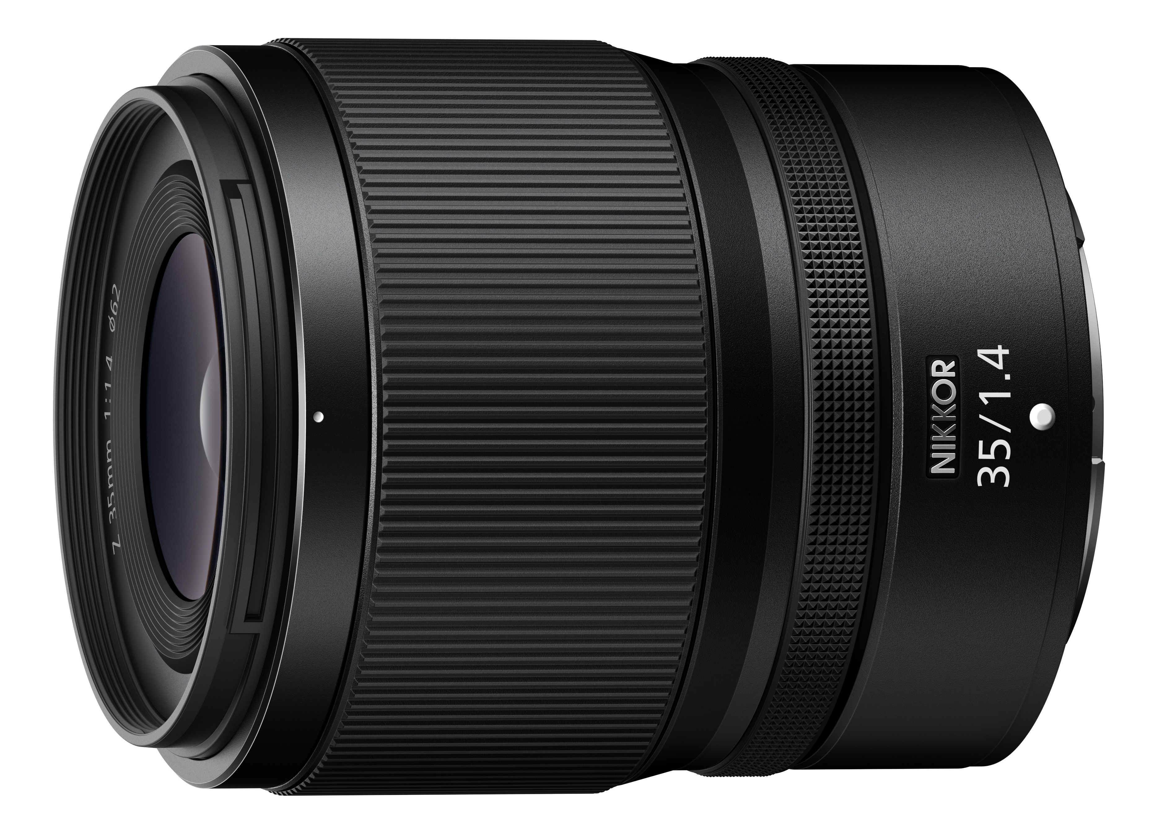 Schwarzes Kameraobjektiv. Es hat den Text NIKKOR 35/1.4 und einen Fokusring. Das Objektiv ist zylindrisch.