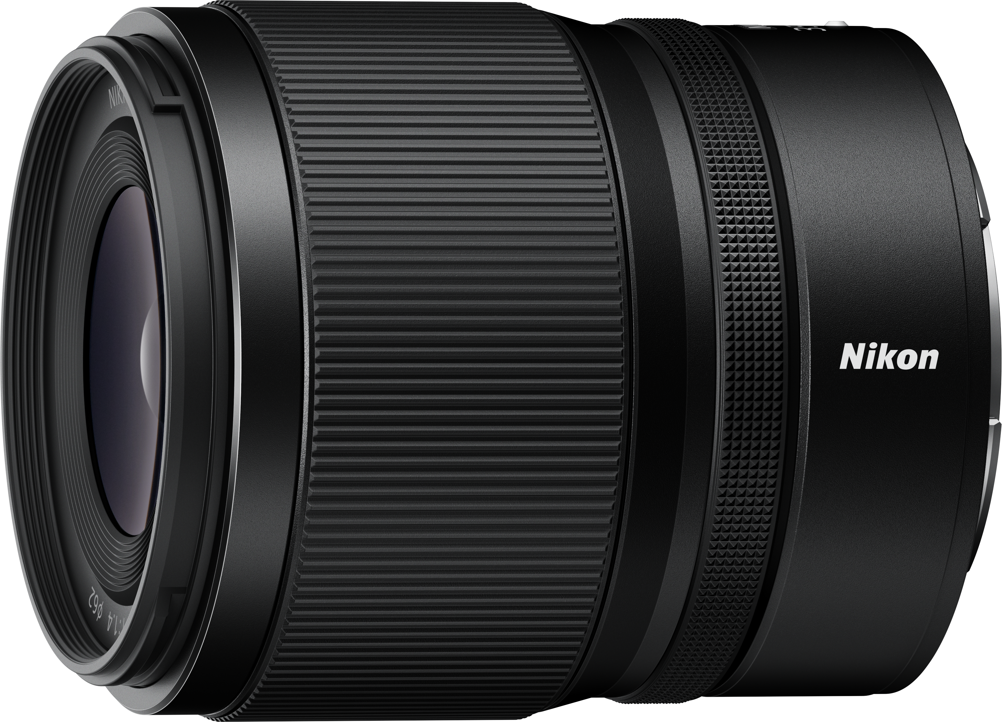 Un objectif Nikon noir avec un design strié et texturé.