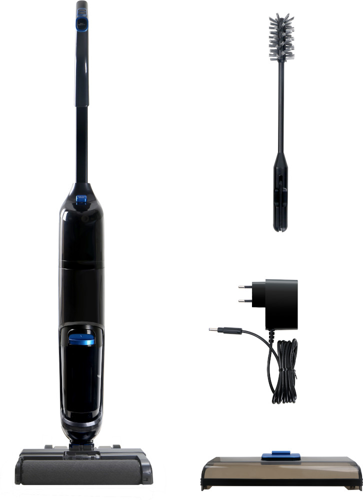 Black cordless vacuum cleaner with accessories, including a brush and charger.
