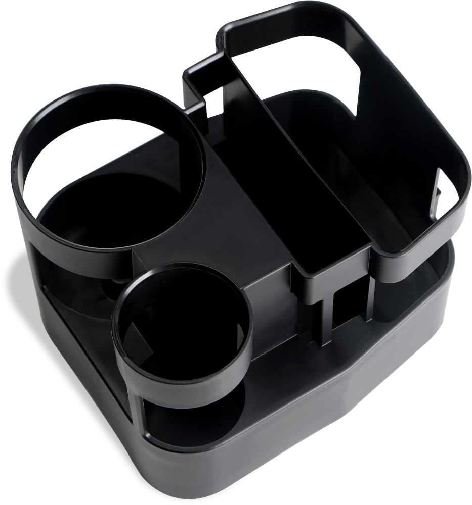 Black car console organizer with two cup holders and a storage area, viewed from above.