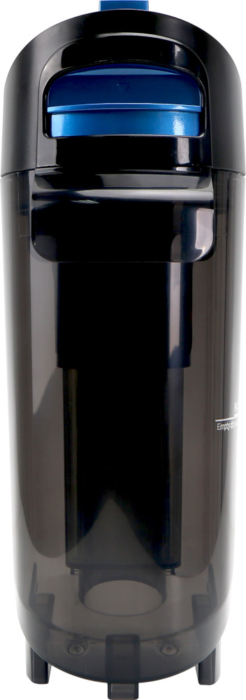 A tall, black water filter with a blue top and clear sides.