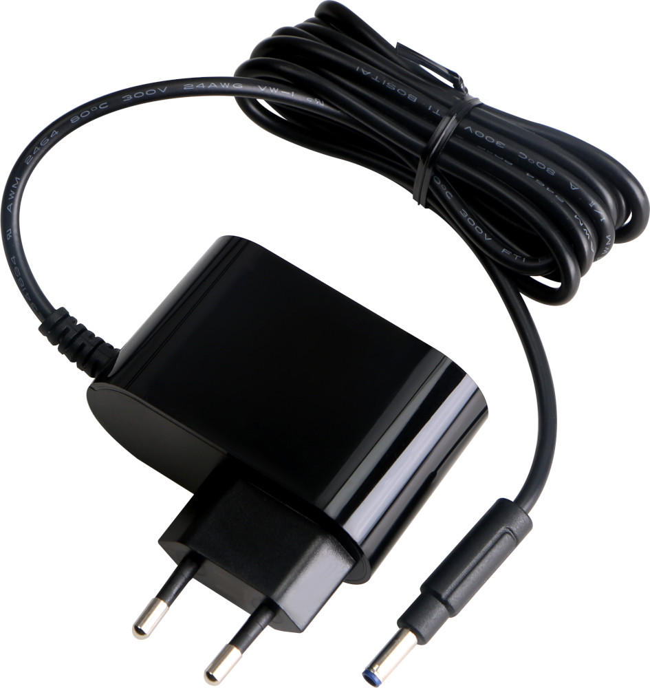A black charger with a cable, white background.