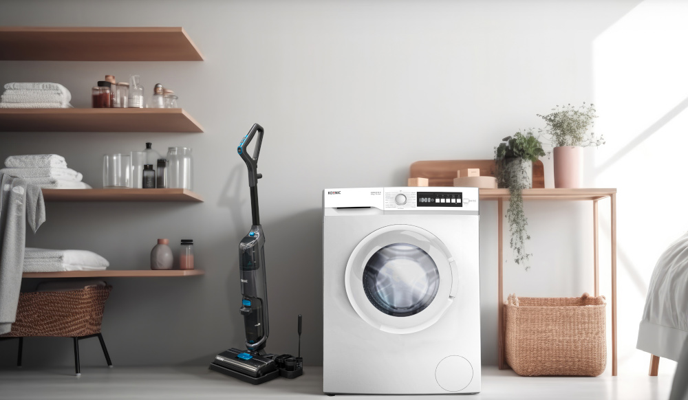 A washing machine, a vacuum, shelves, and a table in a room.
