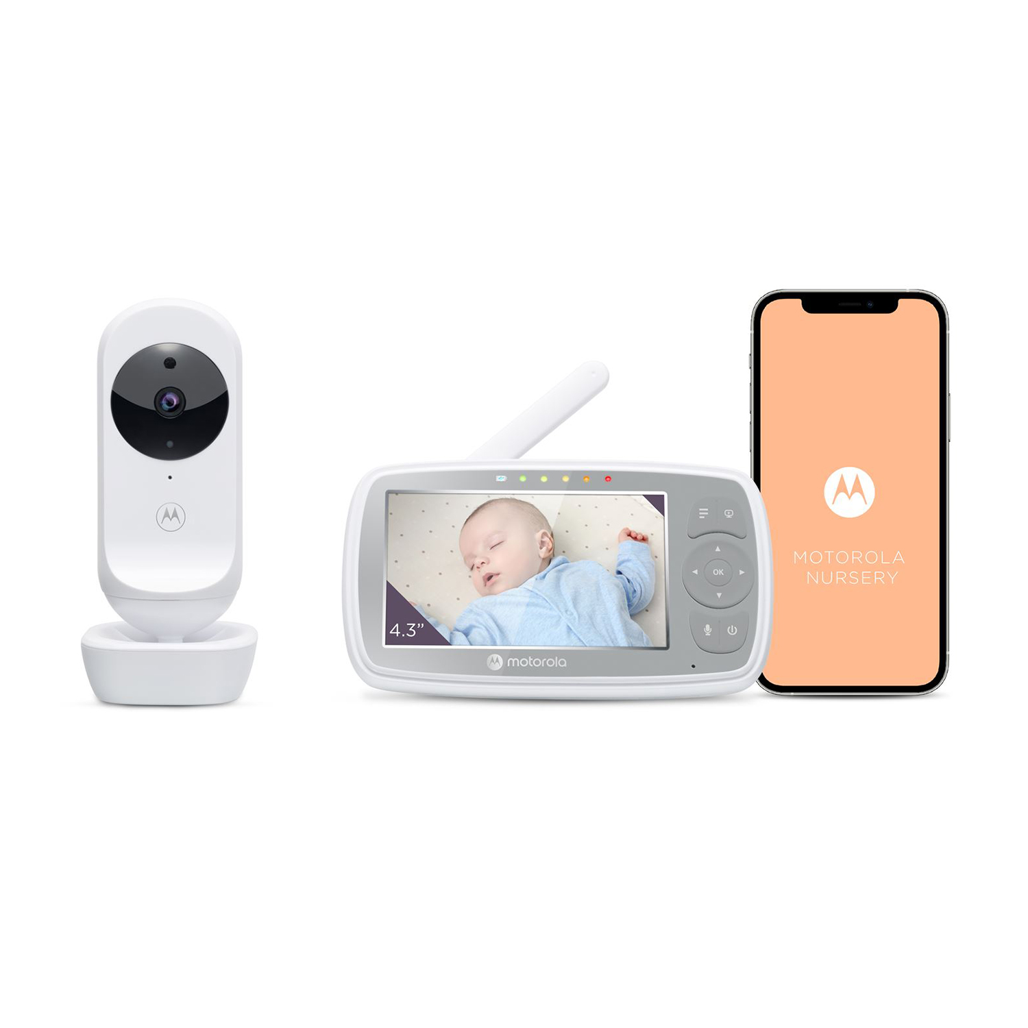 Configurazione baby monitor: telecamera, monitor che mostra il bambino e telefono con app Motorola.