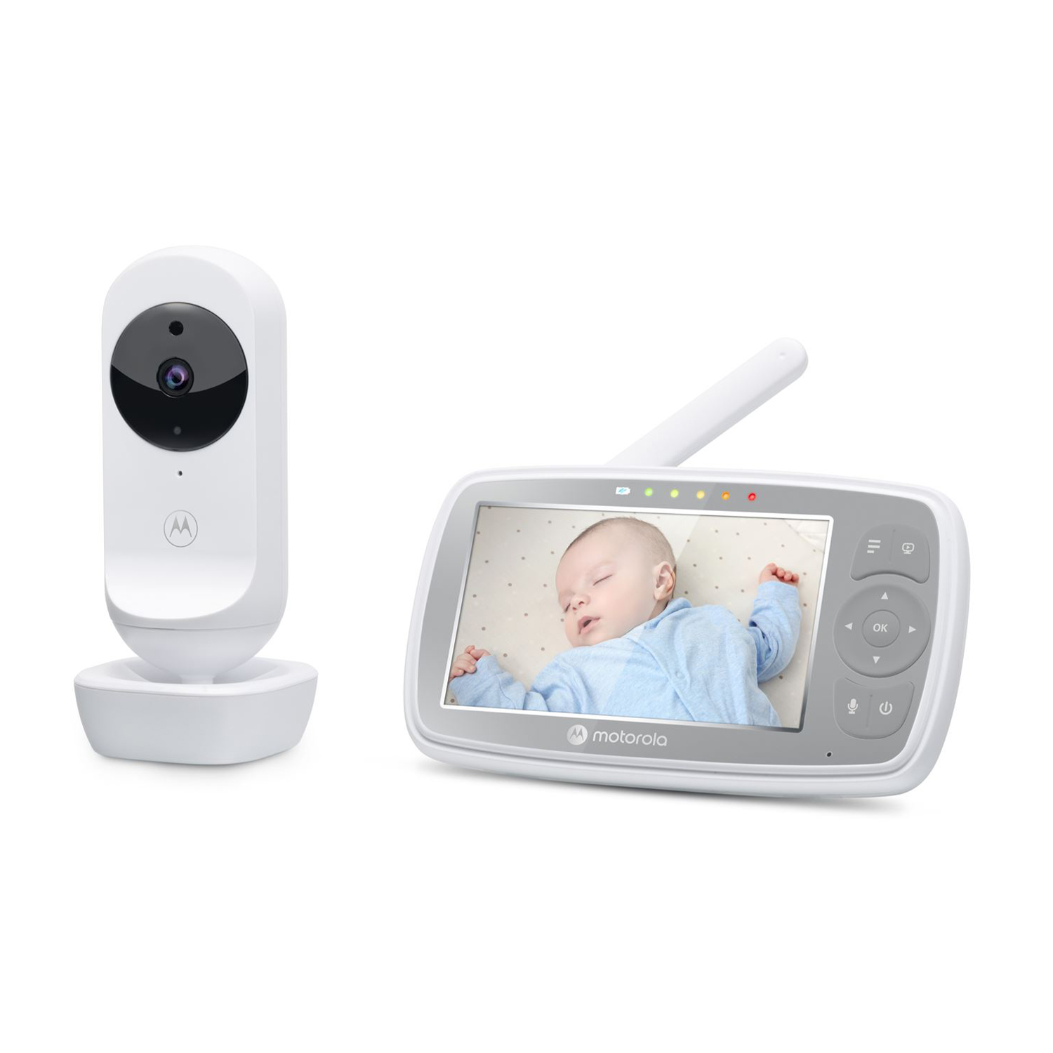 Baby monitor bianco con fotocamera e schermo che mostra un bambino che dorme. Marchio Motorola.