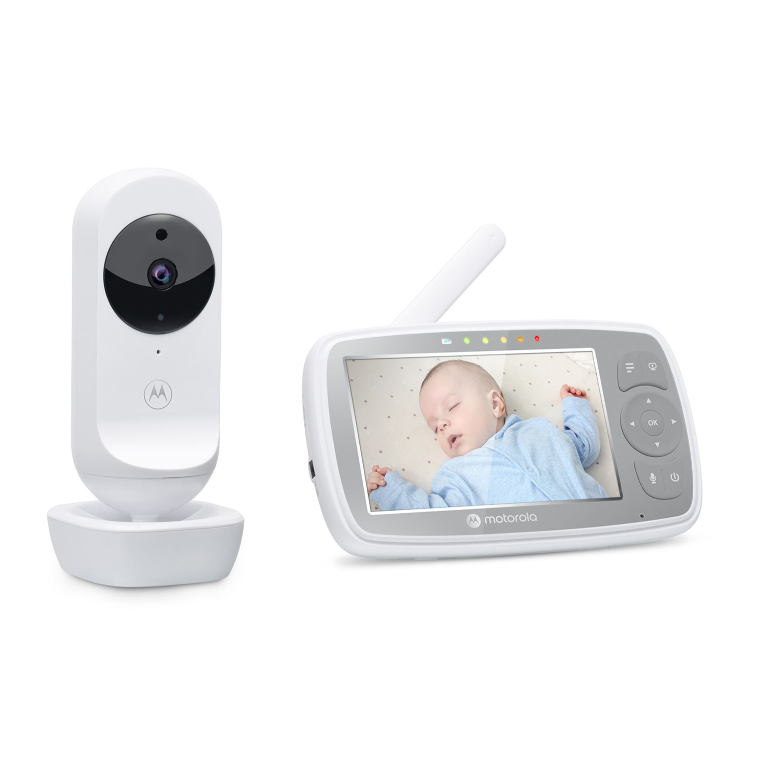 Un baby monitor Motorola bianco con una telecamera e uno schermo che mostra un bambino che dorme.