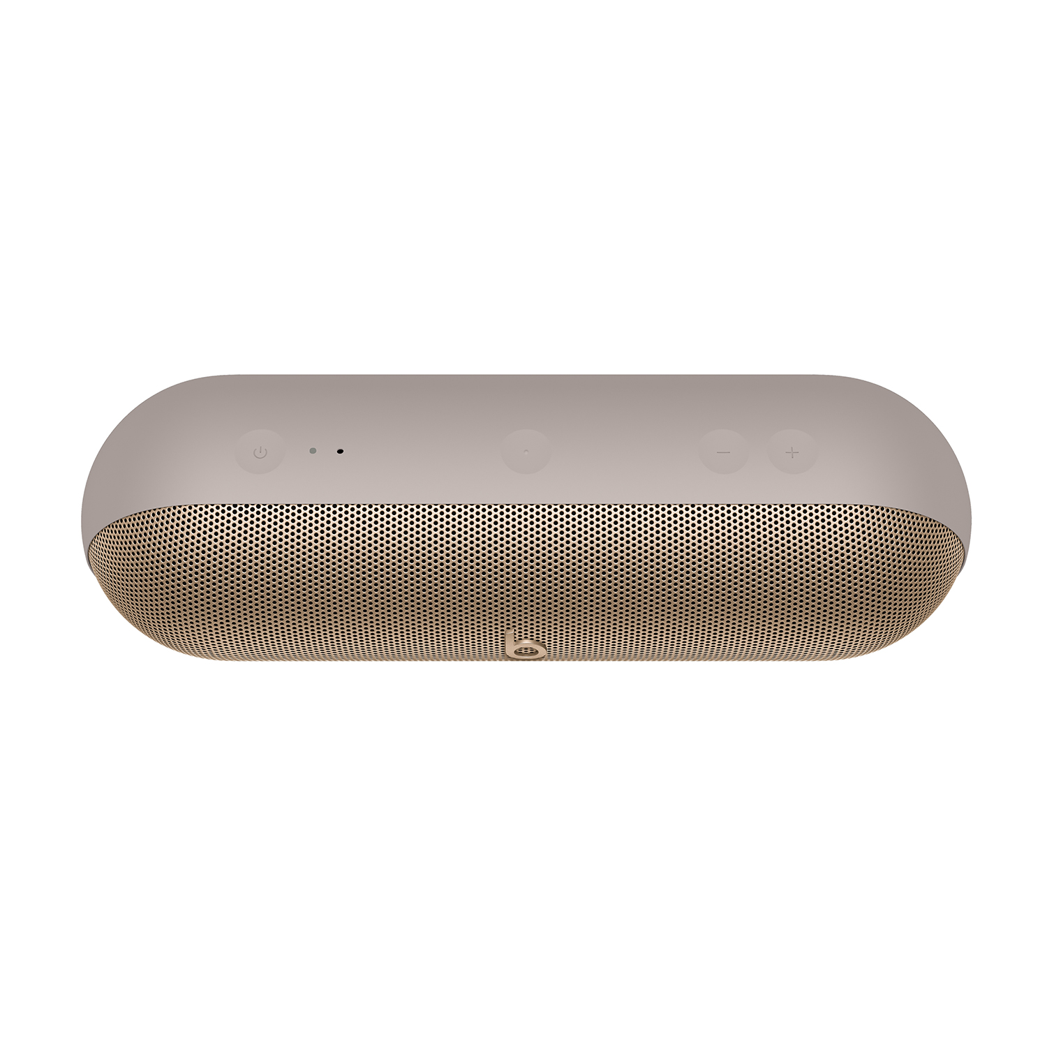 Un altoparlante beige a forma ovale con pulsanti sulla parte superiore e una parte anteriore in rete.