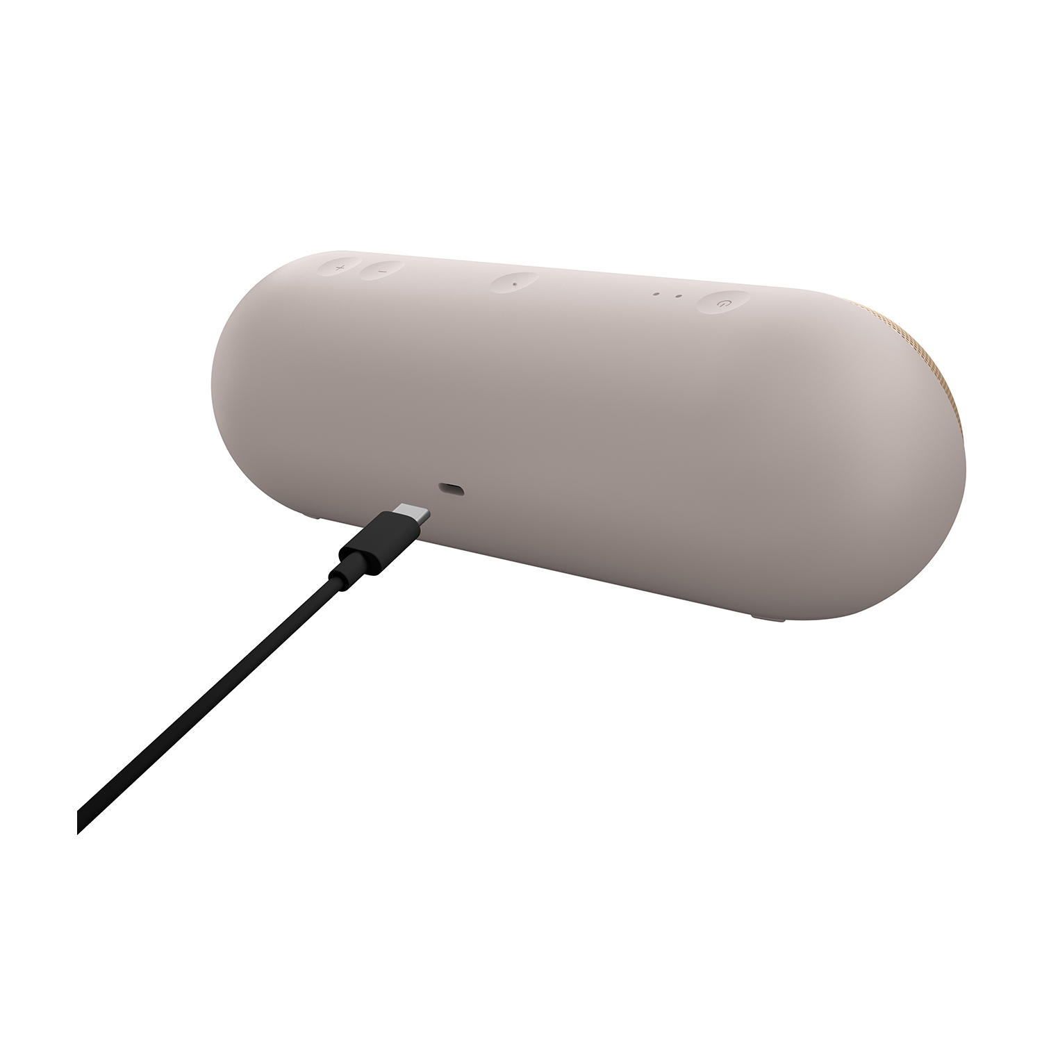 Un altoparlante beige con un cavo nero inserito, su sfondo bianco.