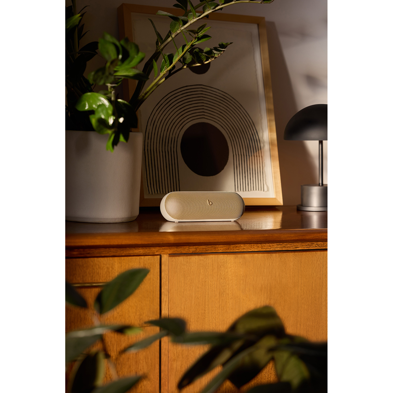 Altoparlante Beats su un mobile in legno. Un quadro incorniciato e una lampada sullo sfondo.