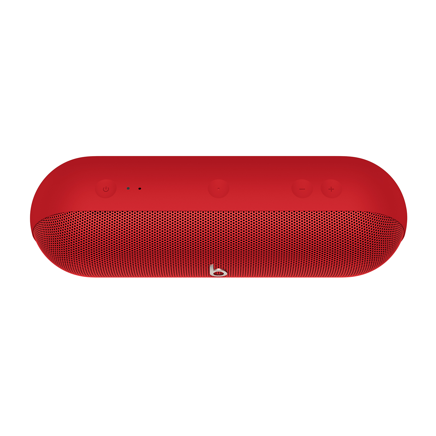 Un altoparlante Beats rosso. È di forma ovale, con pulsanti e una griglia a rete.