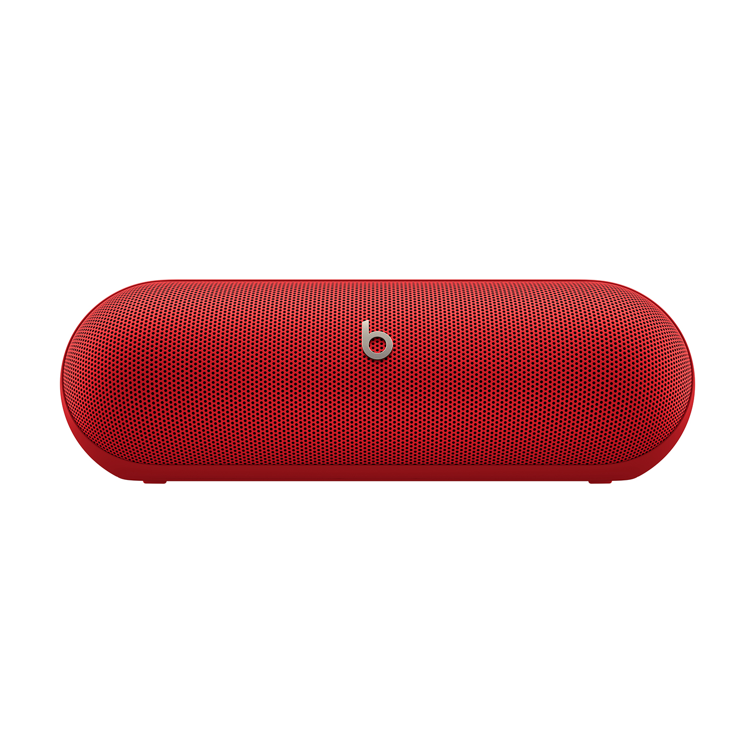 Altoparlante Beats rosso su sfondo bianco. L'altoparlante è ovale e ha il logo Beats.