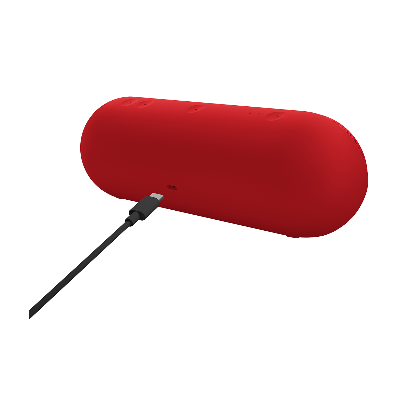 Altoparlante rosso con porta di ricarica e cavo nero collegato. Sfondo bianco.