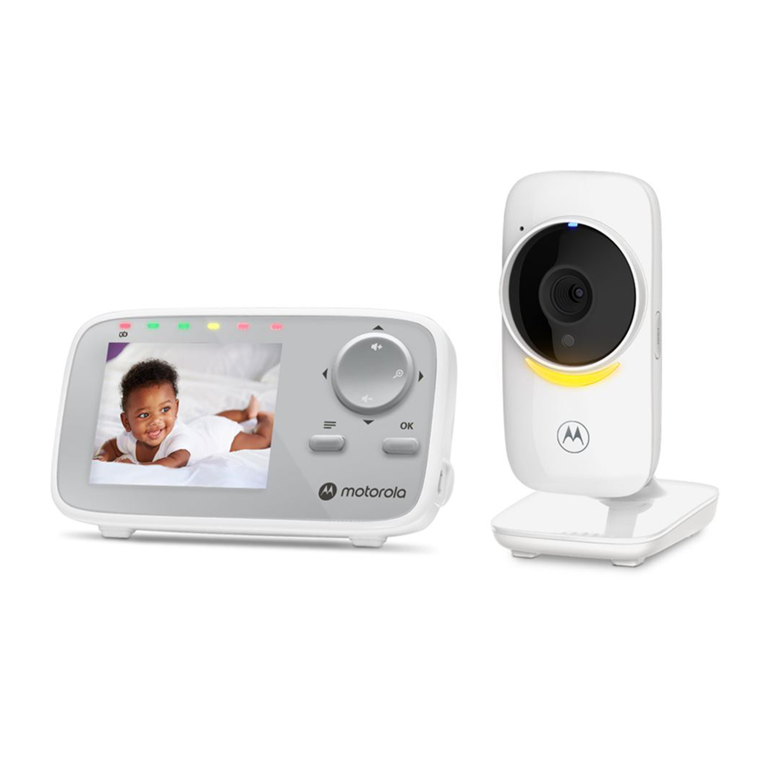 Un baby monitor con un bambino sullo schermo e un'unità telecamera separata.
