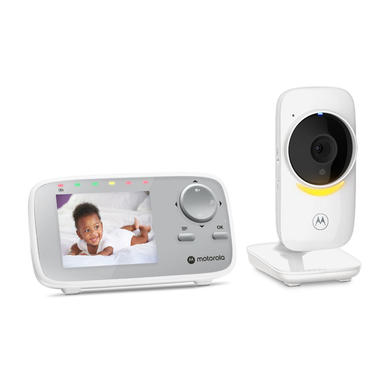 Un set di baby monitor: uno schermo e una telecamera su un supporto.