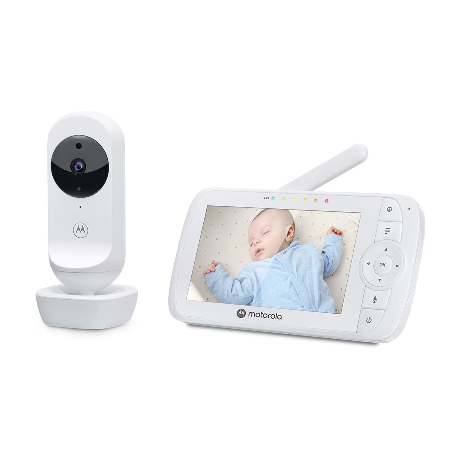 Un baby monitor con una telecamera e uno schermo che mostra un bambino che dorme.