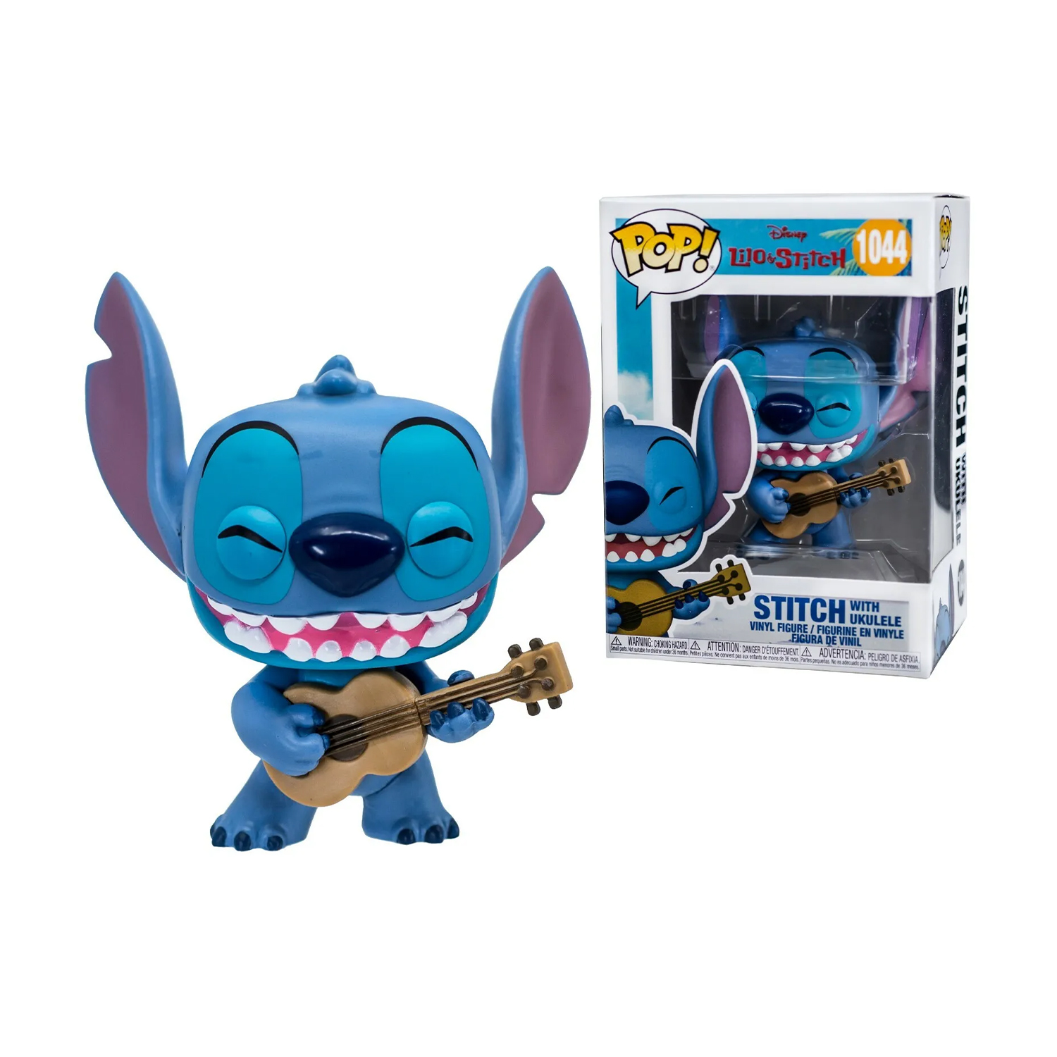 Figurina blu di Stitch che suona un ukulele marrone, con scatola.