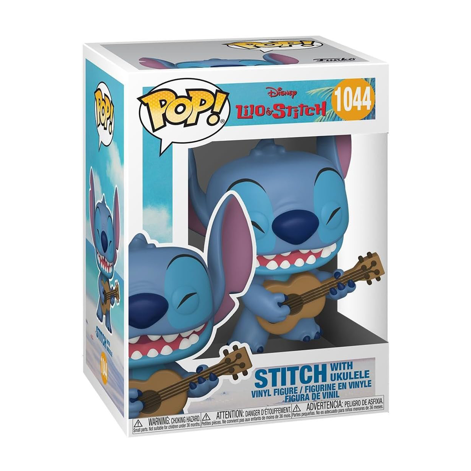 Una scatola Funko Pop! con Stitch con un ukulele. Contiene una figura in vinile di Stitch con un ukulele.