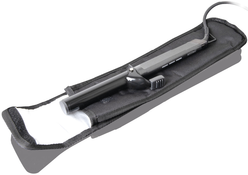 Black curling iron in a black and white storage sleeve.
