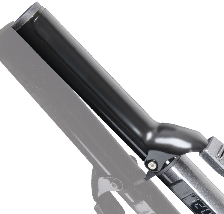 Black hair curling iron with a black barrel and a silver handle, partially visible.