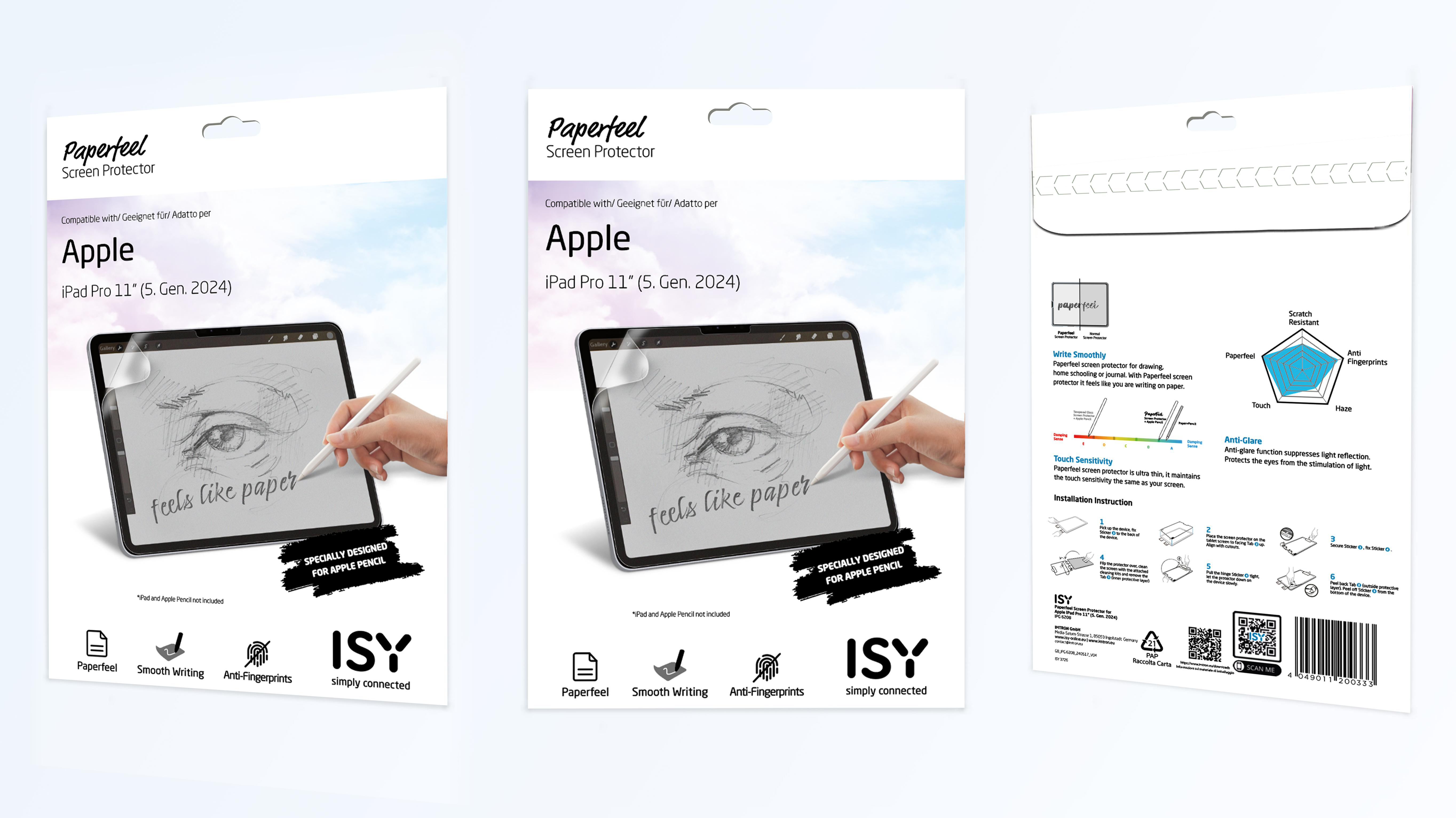 Produktverpackung für eine Displayschutzfolie für ein Apple iPad Pro, mit Tablet und Stift.